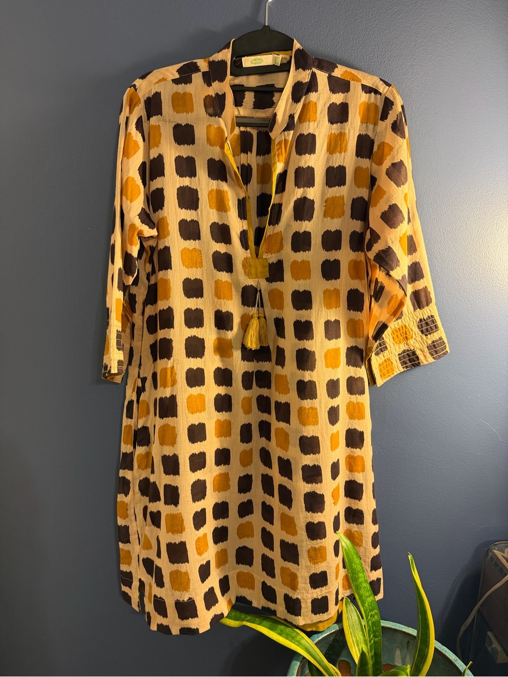 Dolma Tassel Tie Yellow & Brown Printed Swim Coverup Tunic size Medium